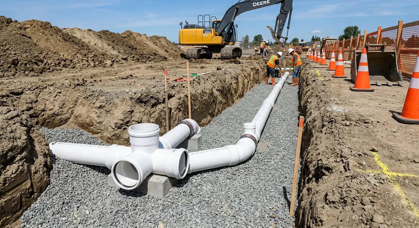New PVC sewer pipe installation in open trench for Sewer Backup in Flower Hill
