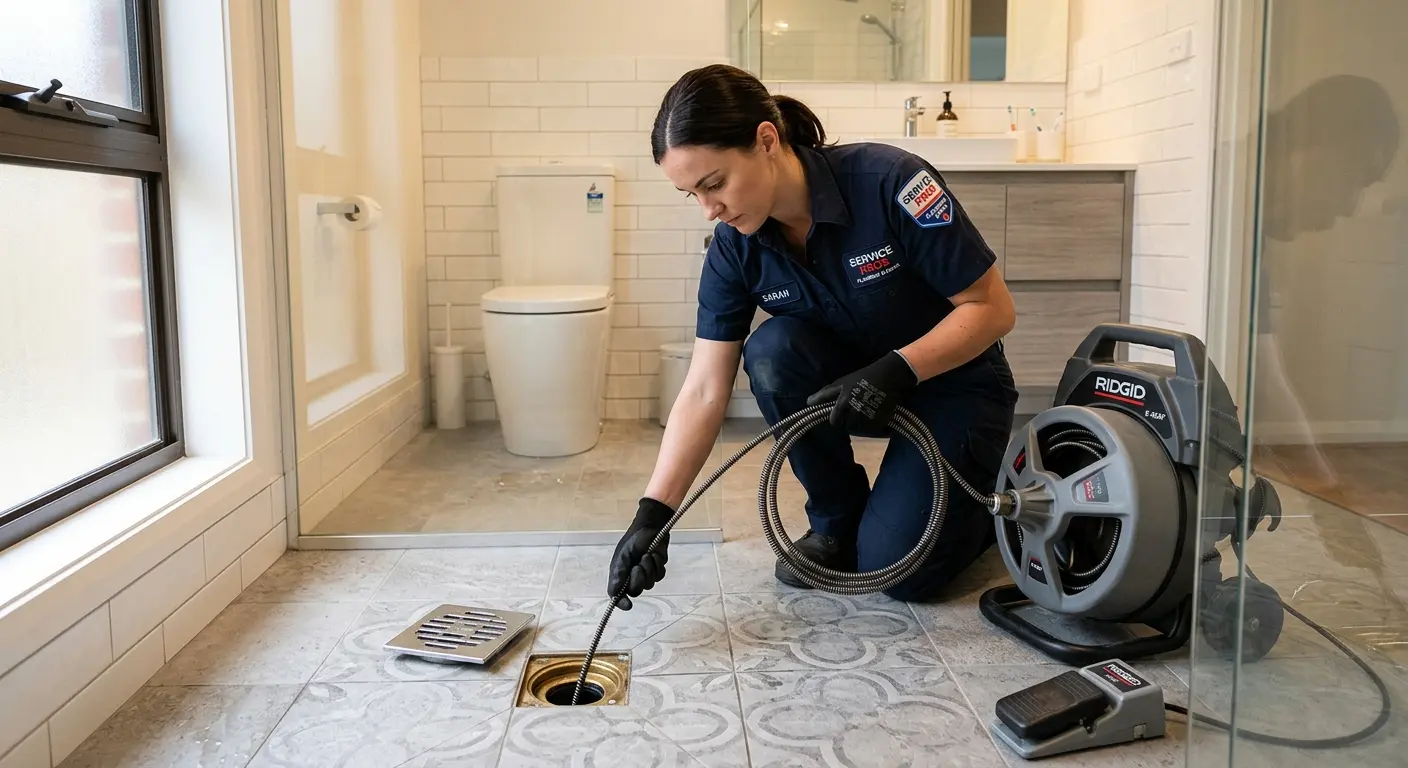 Technician clearing a bathroom floor drain for Drain Cleaning in Flower Hill